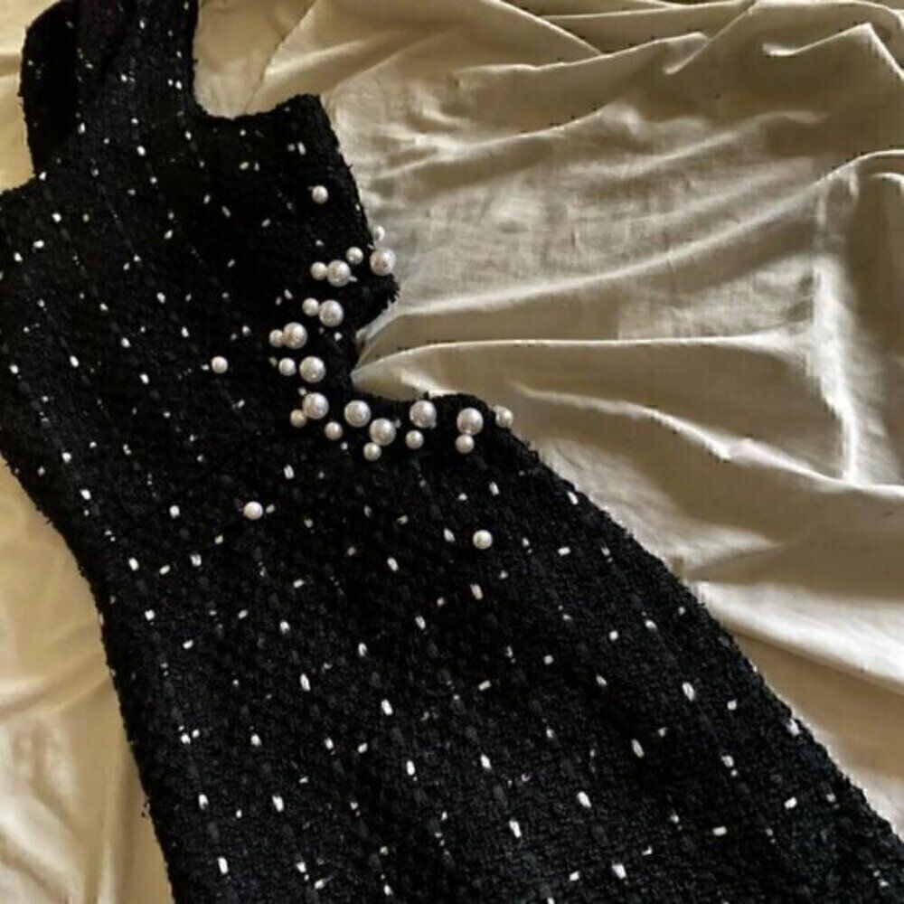 Black Texture Tweed Weave Cutout Mini Dress With Faux Pearls L - Picture 15 of 16